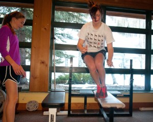 Colorado Skier of the Year, Keaton McCargo, who is competing on the World Cup Mogul Tour, and Alpine Ski racer and Jr. Olympian Anna Fake, training at the TSSC clubhouse, by Melissa Plantz